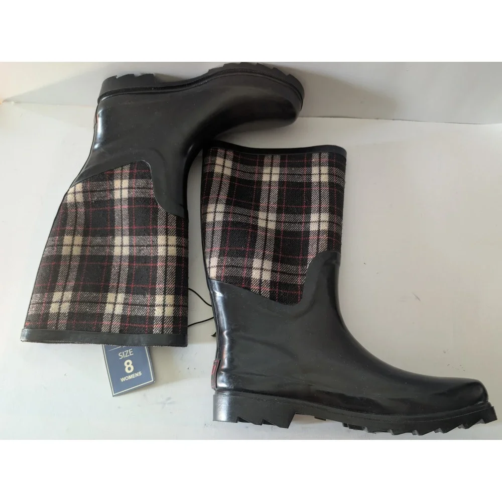 Austin Trading Co Womens Plaid Rubber Rain Boots Black Red White Size 8 NWT